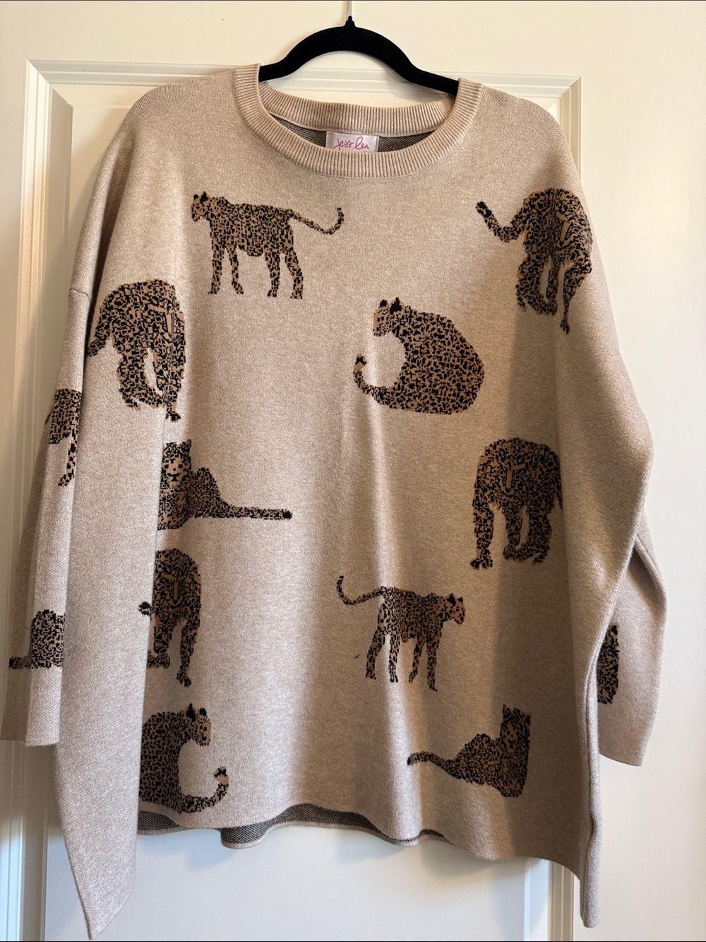 Jess Lea Leopard Motif Beige Crewneck Sweater
